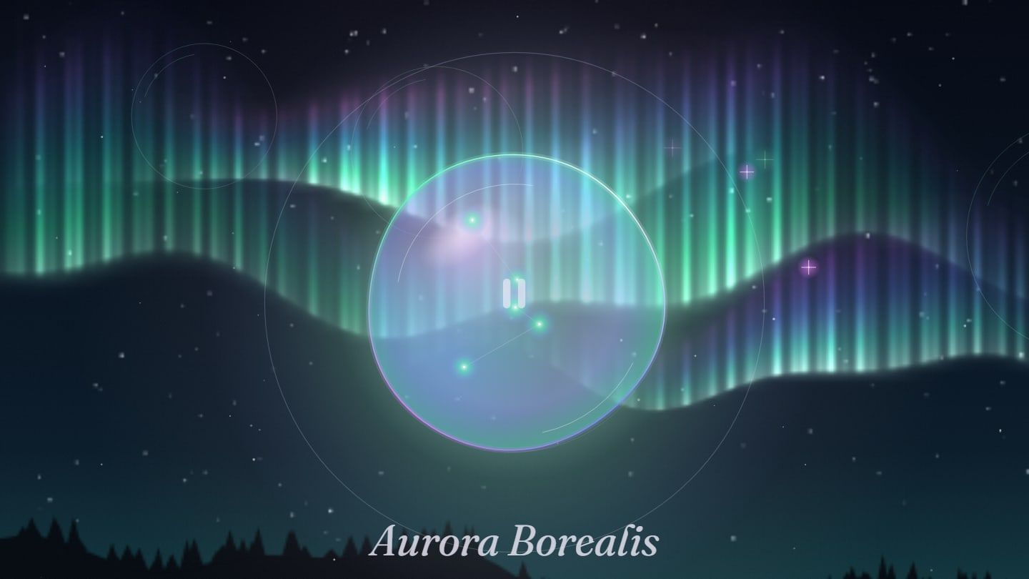 Aurora Borealis · Special Edition: Polarlicht über einem Wald, in der Mitte die Klangkugel